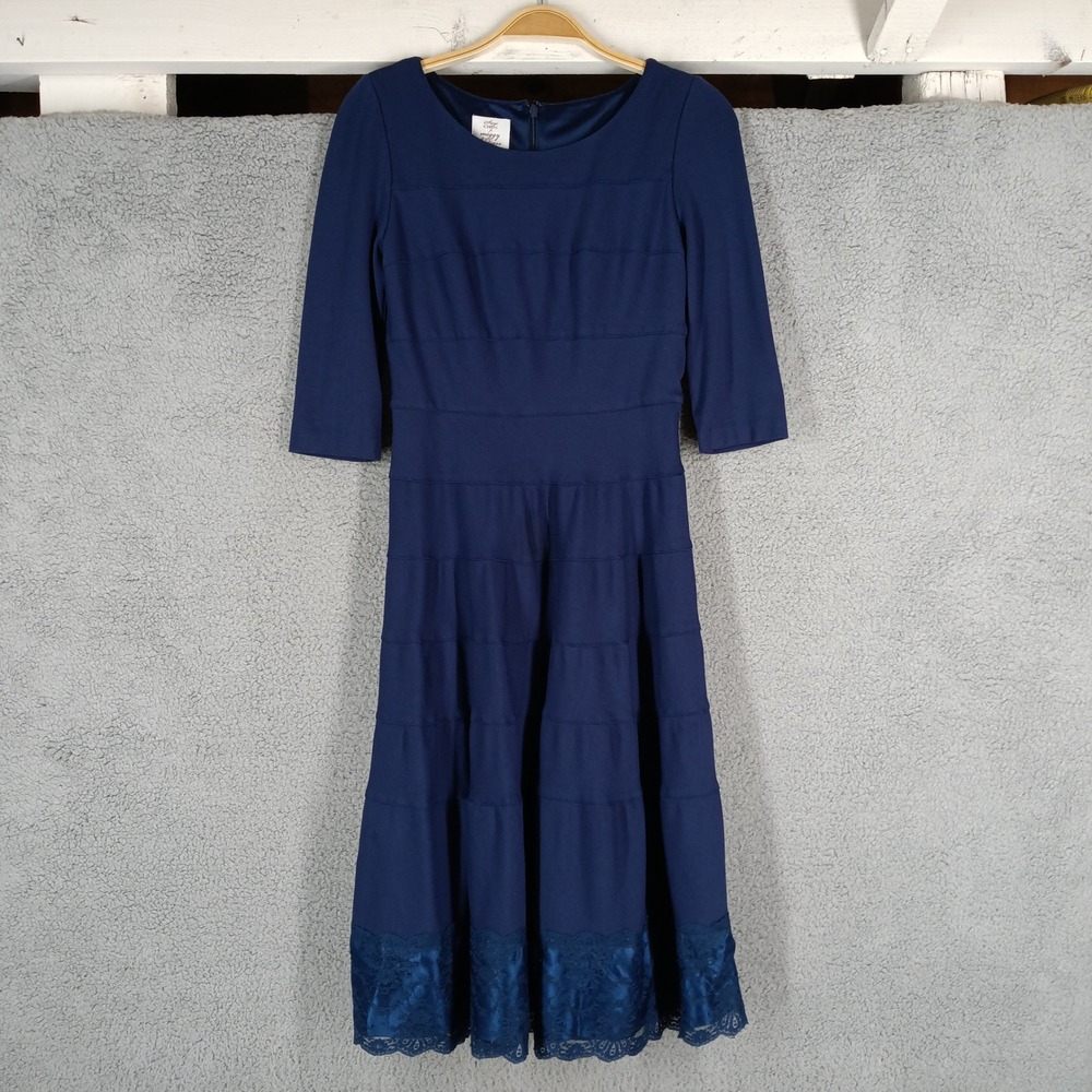 Suzi Chin Maggy Boutique Women's Size 2 Navy Blue Midi Cocktail Dress Lace Trim